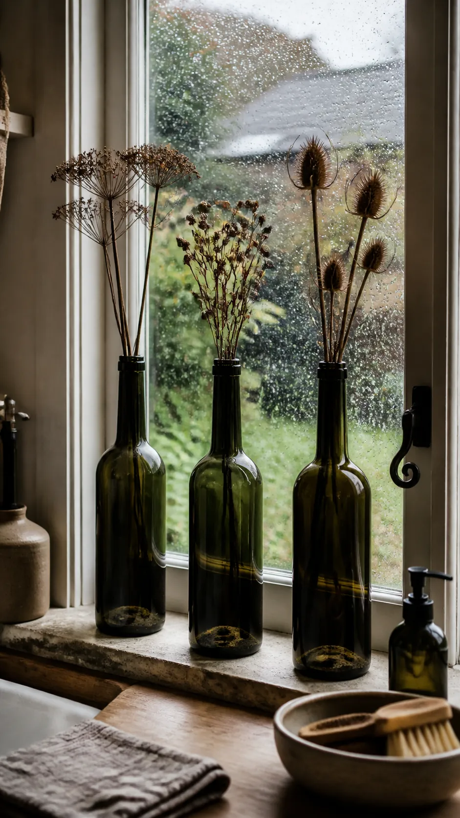 Smoked glass bottles on a Halloween kitchen windowsill