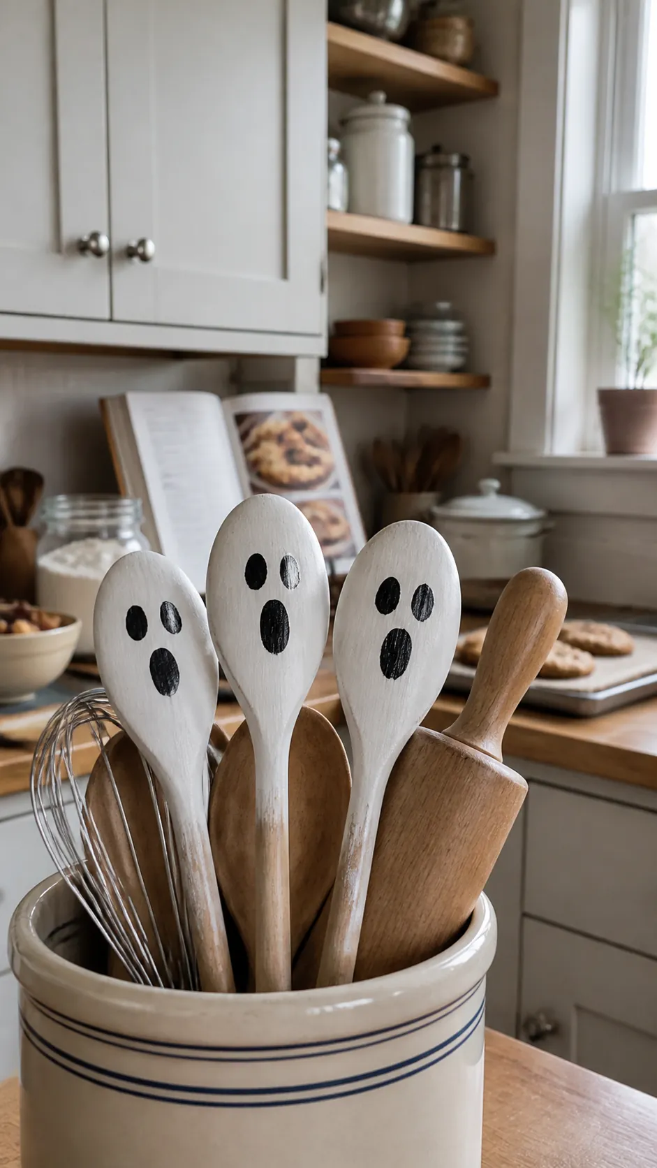 Wooden spoon ghost decorations in a Halloween kitchen