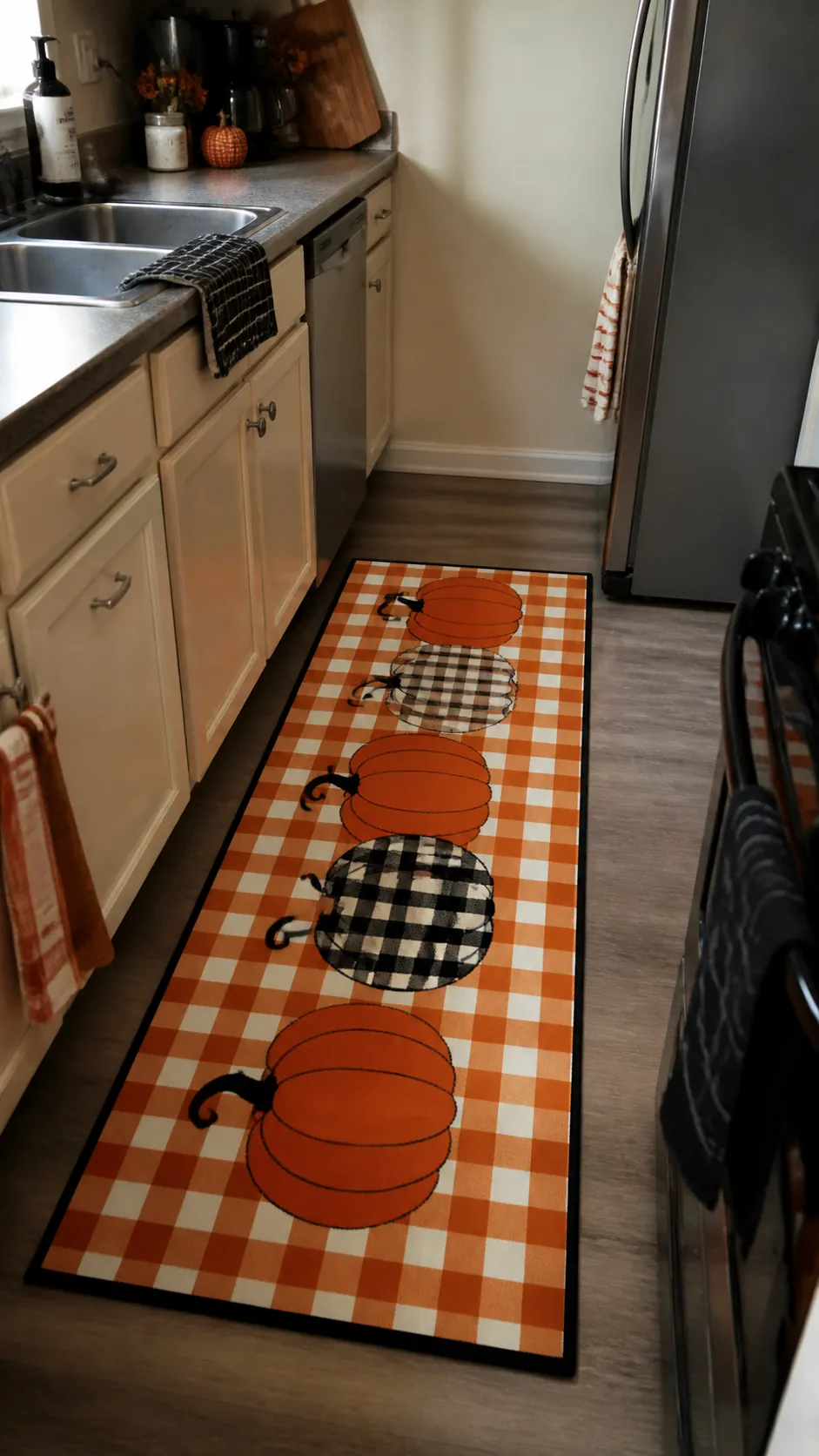 Gingham pumpkin mat in front of a Halloween kitchen sink