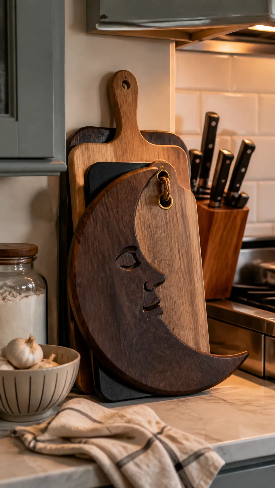 Crescent moon board in a Halloween kitchen display