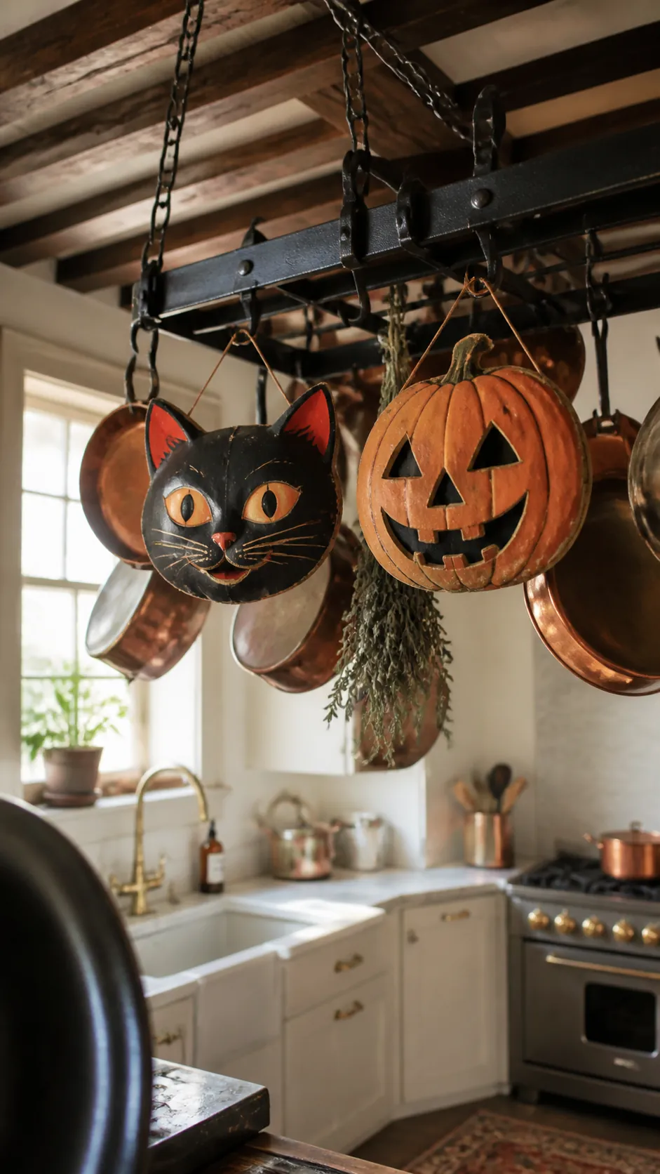 Vintage Halloween masks displayed on a kitchen pot rack