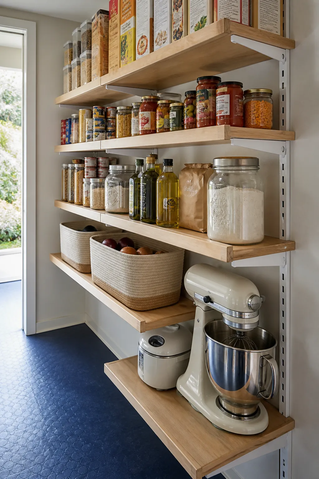 Pantry shelf depths matched to jars cans cereal boxes and appliances