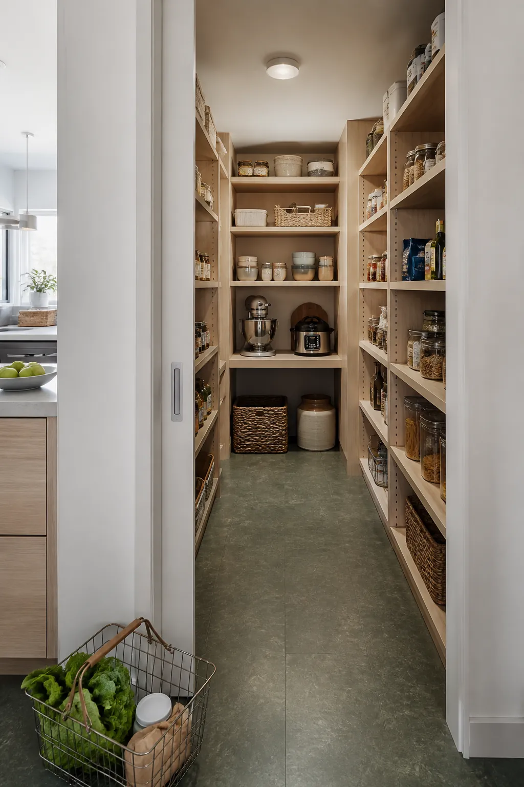 Well proportioned walk in pantry with shallow shelves and a clear central aisle