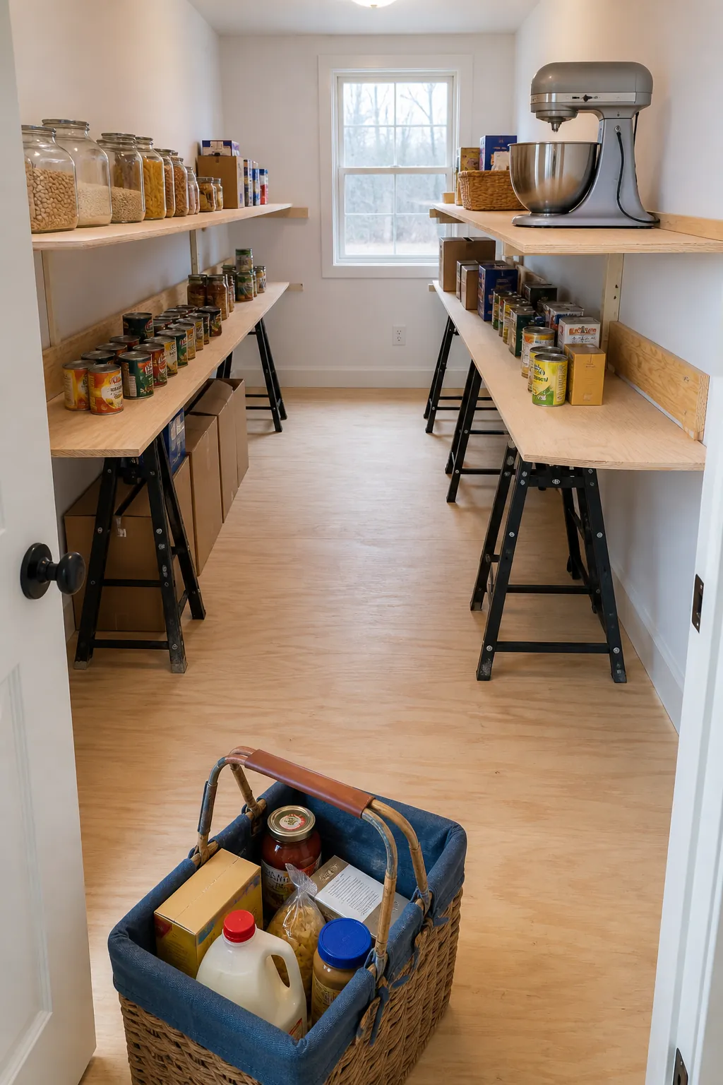 Walk in pantry aisle mockup with shallow shelves and clear carrying space