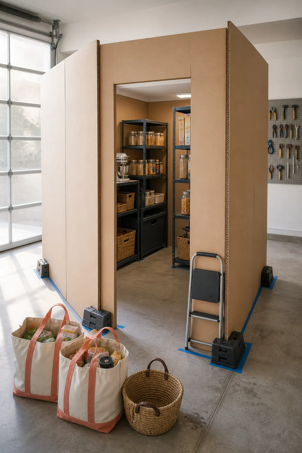 Full scale pantry planning mockup tested with grocery baskets