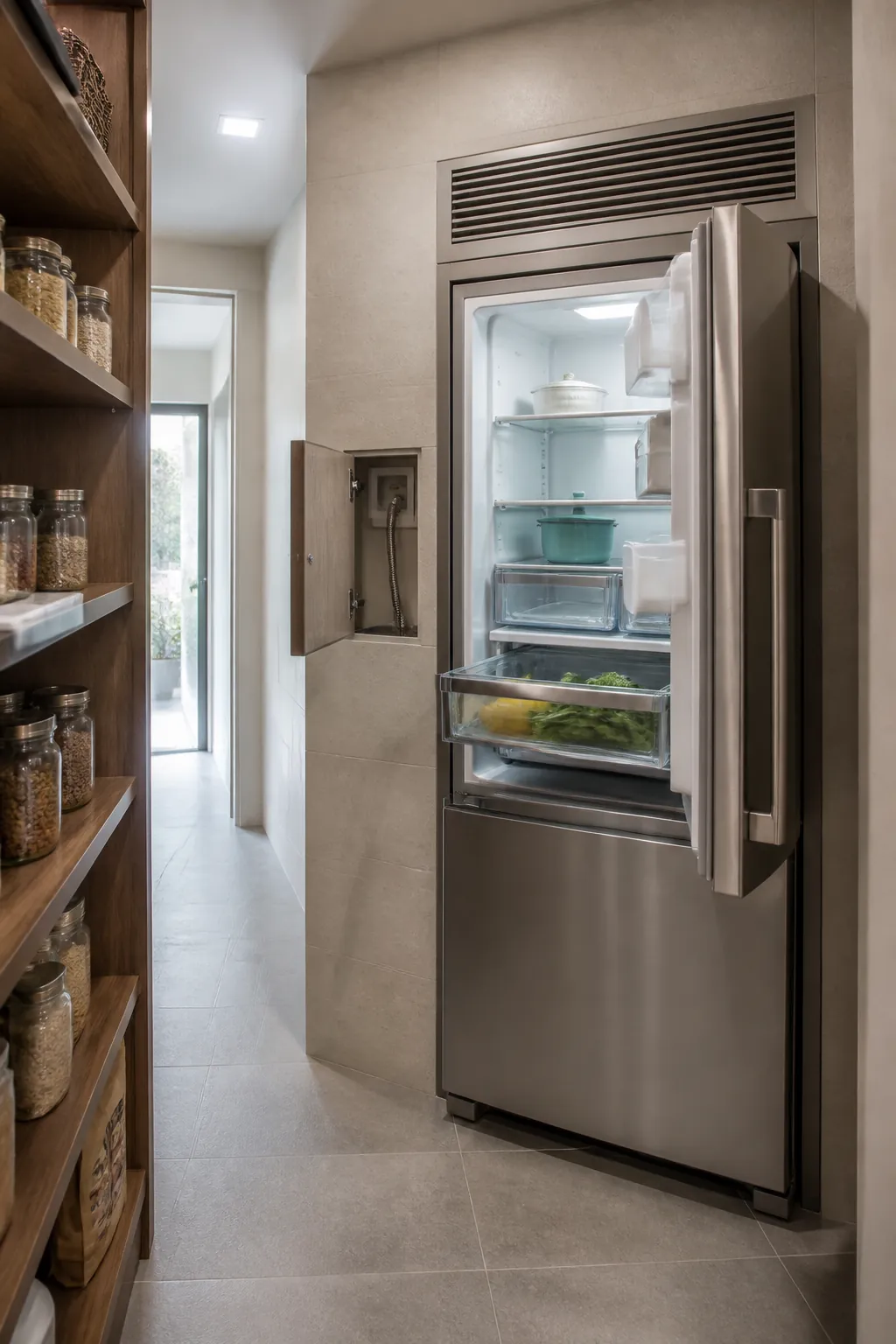 Pantry refrigerator niche with ventilation door and service clearances