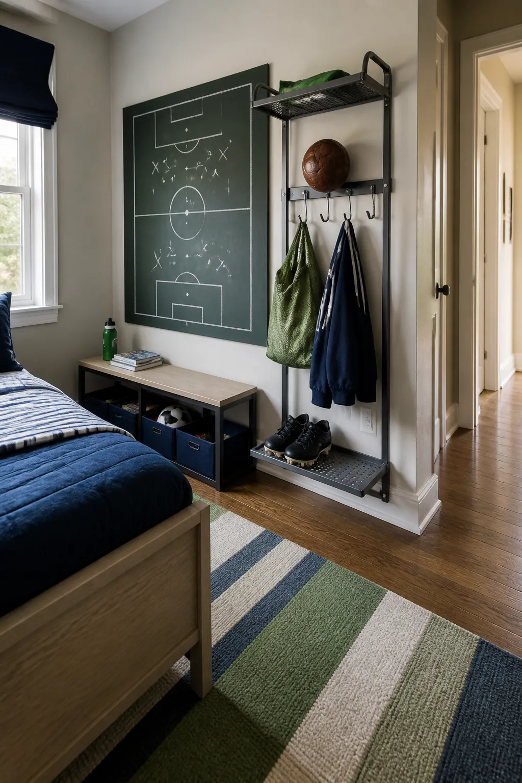 Football bedroom practice wall with organized sports equipment