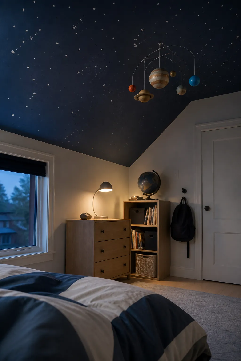 Calm boys bedroom with a deep blue constellation ceiling