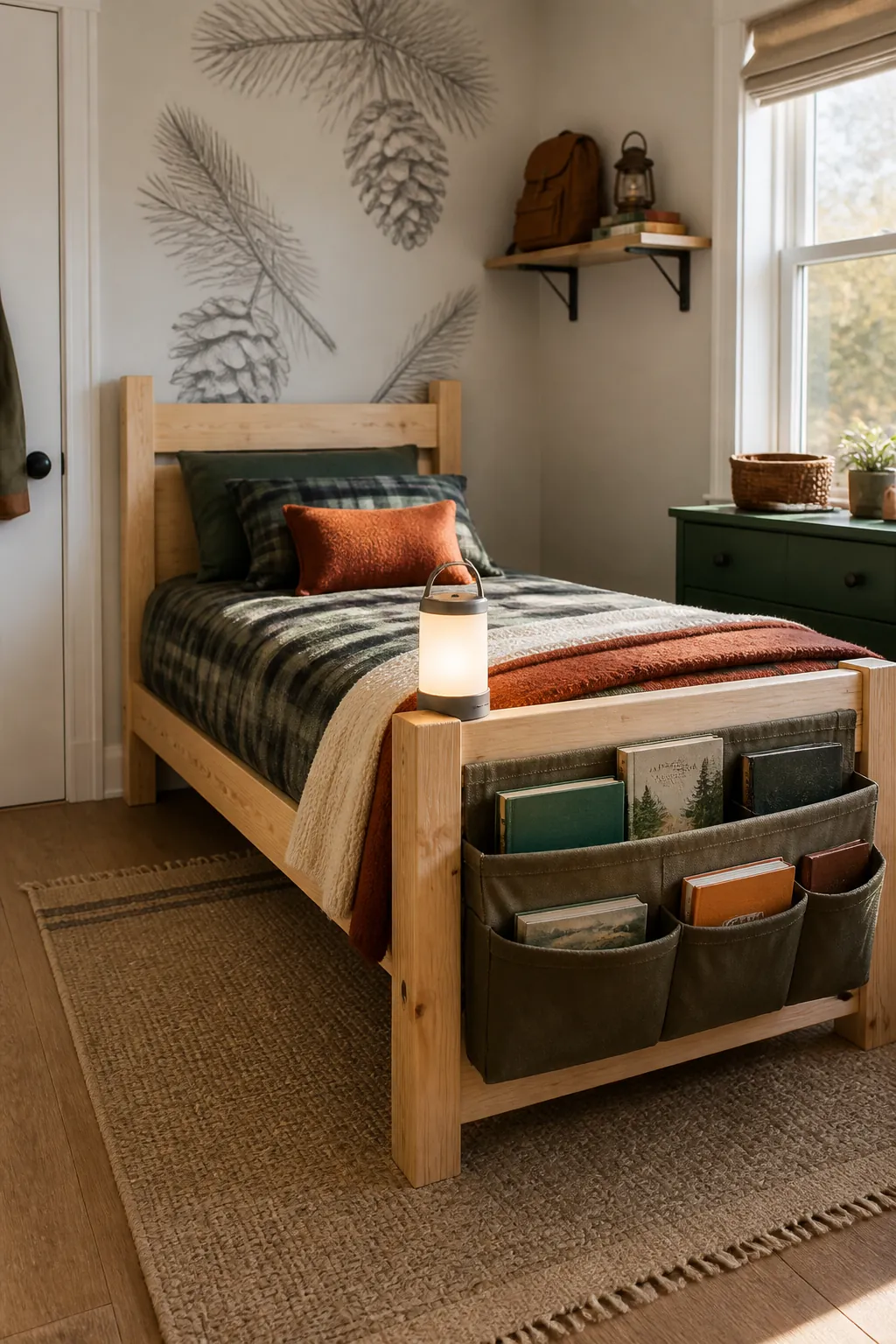 Forest camp inspired timber bed with plaid bedding
