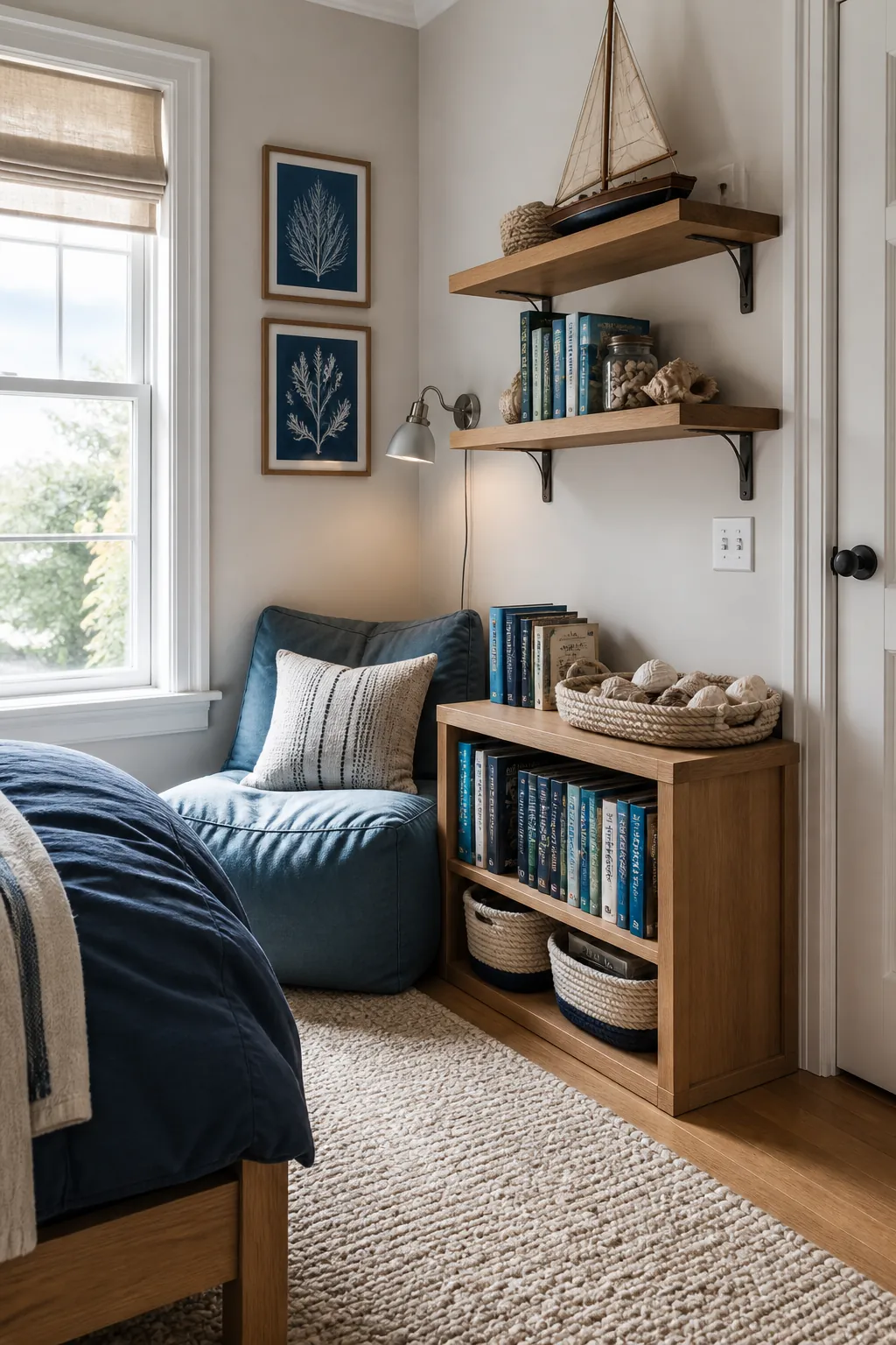 Ocean explorer reading nook with marine books and natural textures