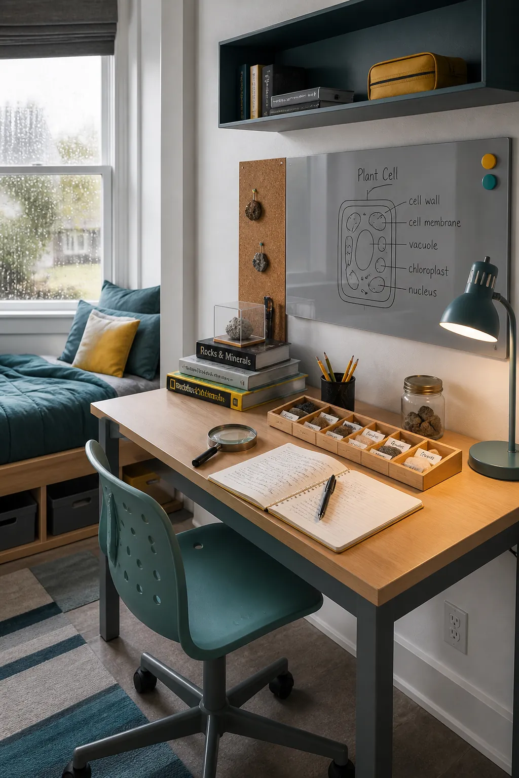 Compact science desk with nature specimens in a boys room
