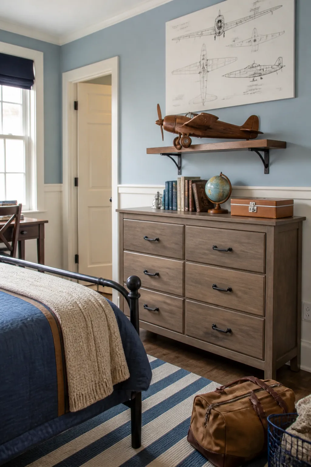 Vintage aviation boys bedroom with wooden plane decor