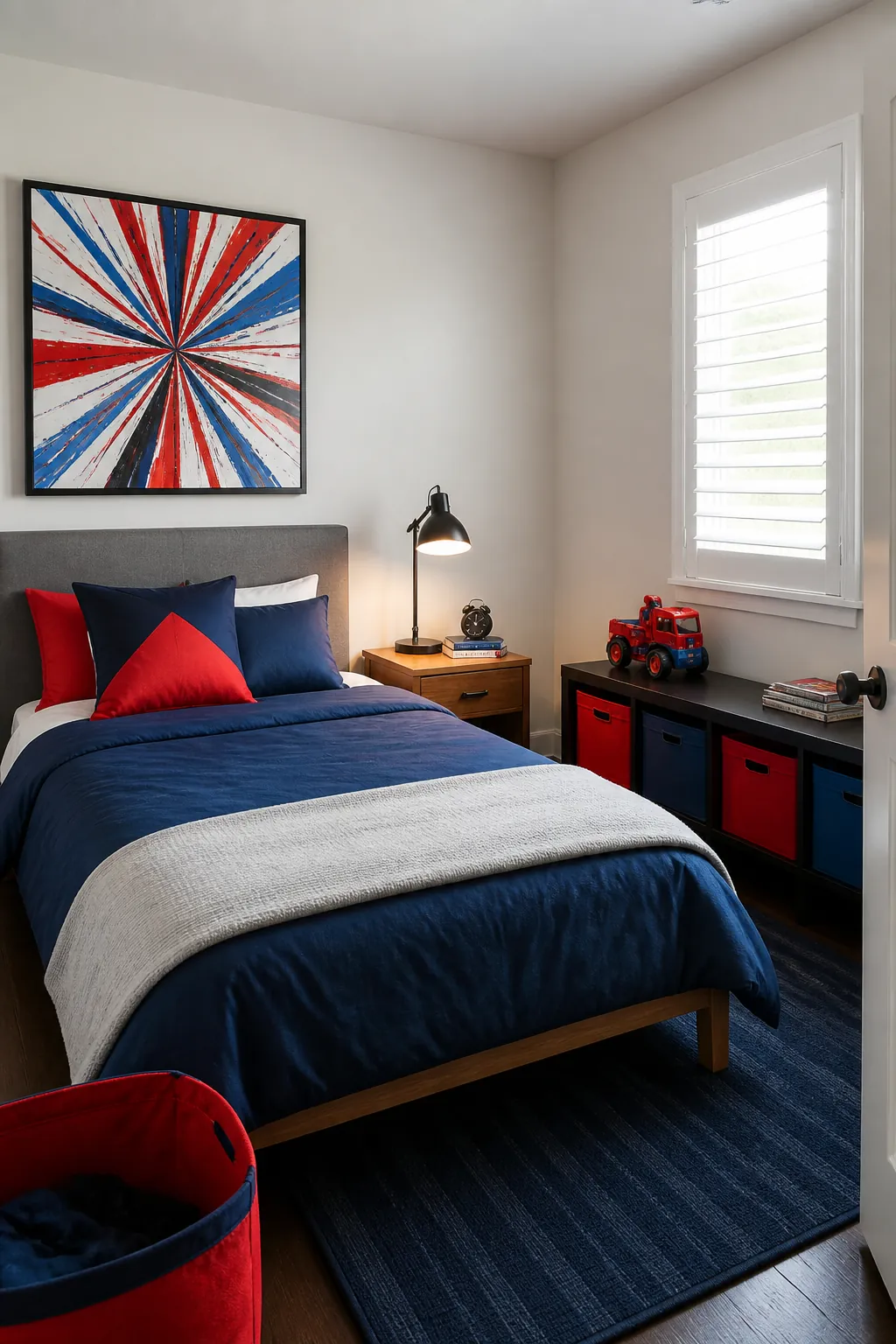 Bold comic inspired boys room with red and blue accents