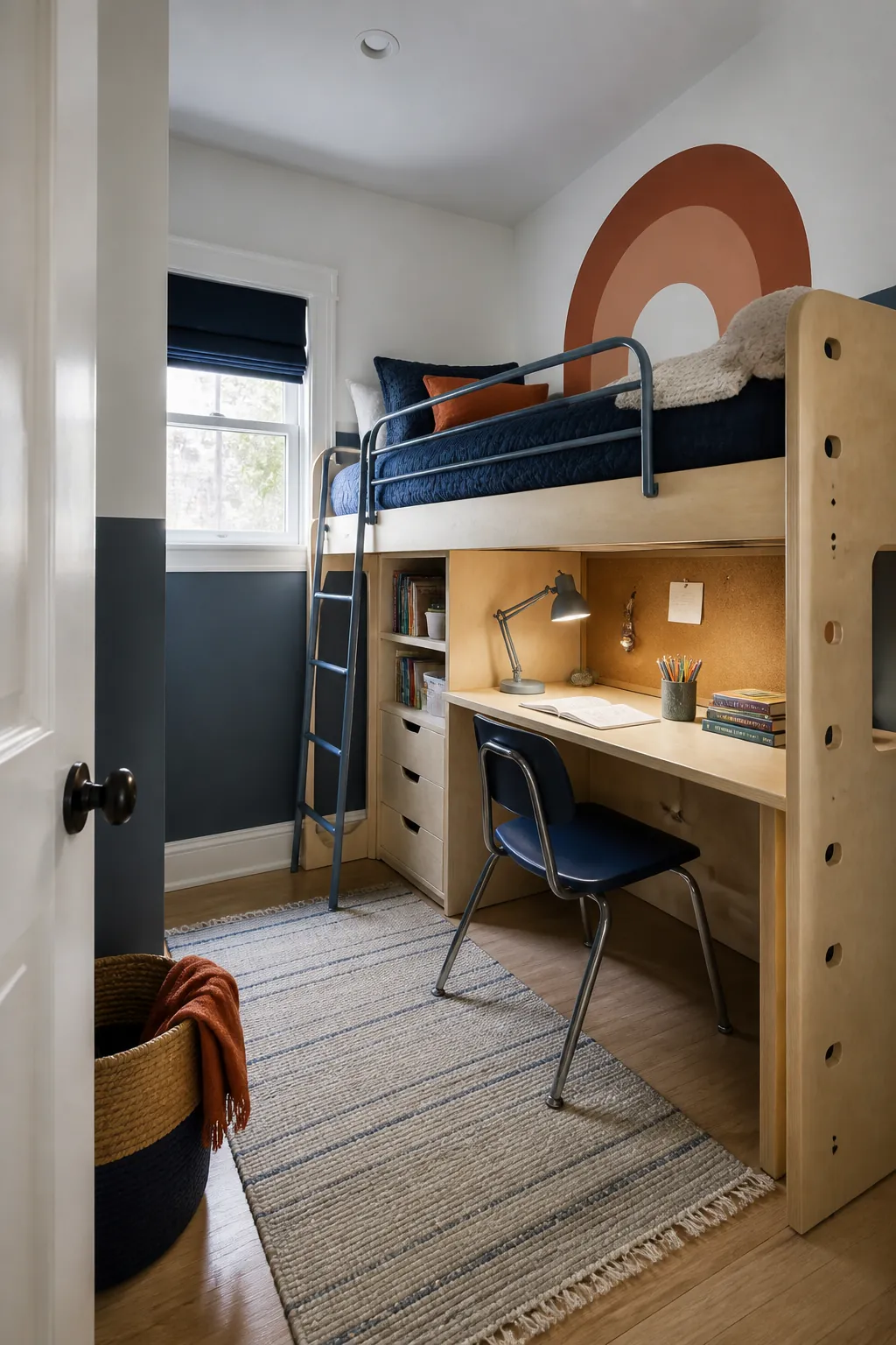 Loft bed over a practical study desk in a small boys room