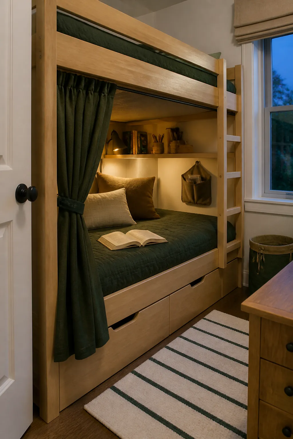 Safe cozy reading den in the lower bunk of a boys room