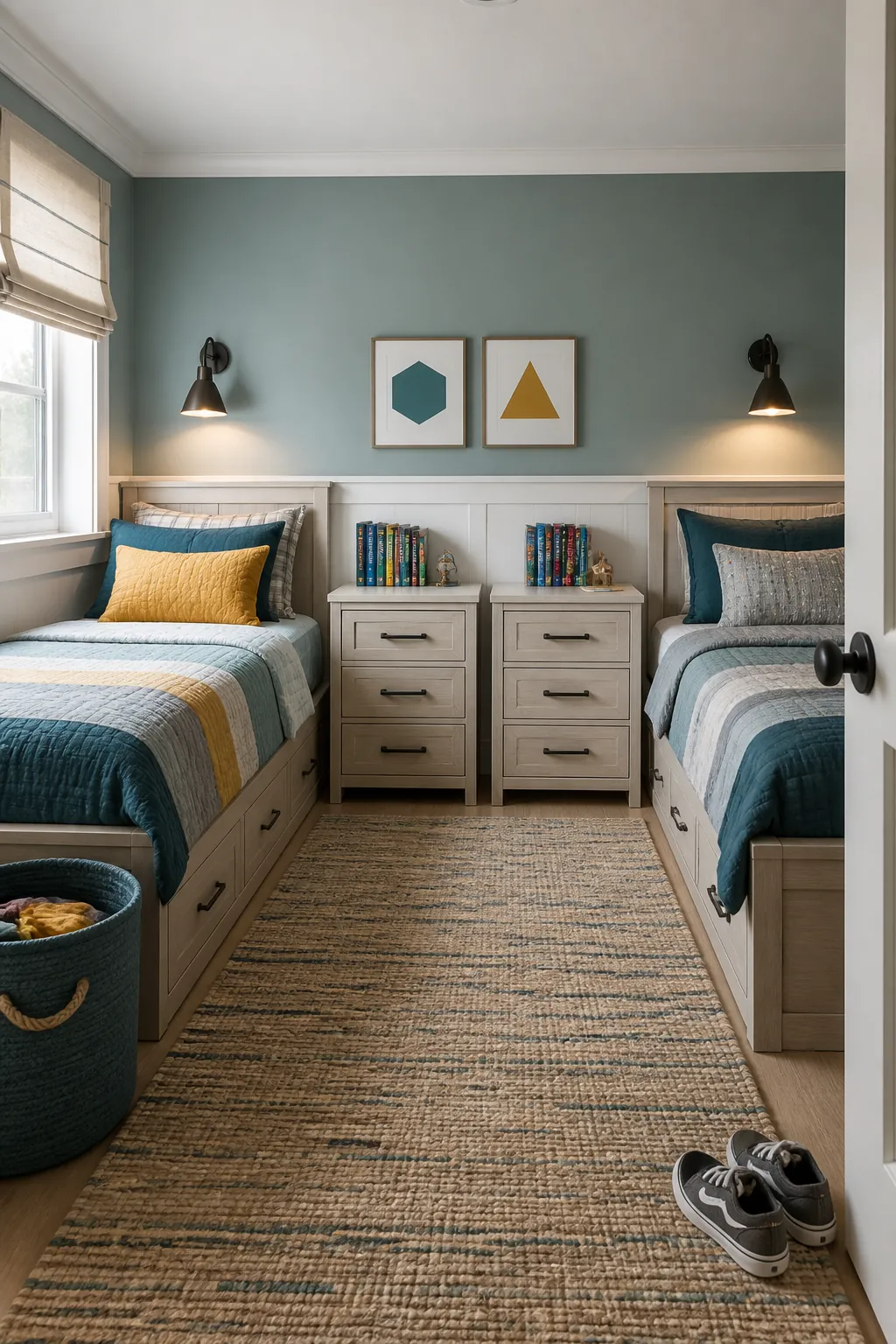 Twin boys room with equal beds lights and personal storage