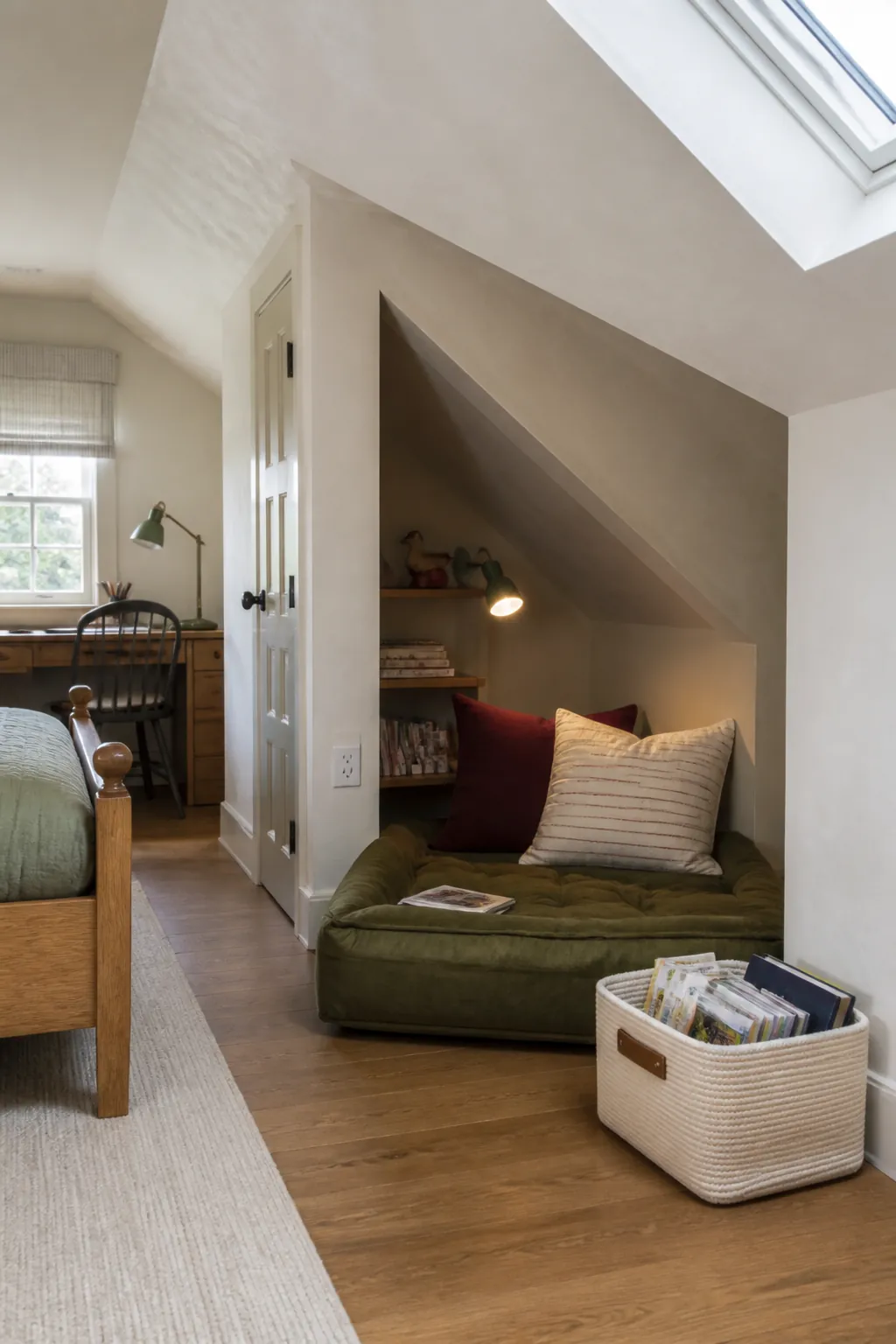 Reading cave beneath attic eaves in a boys bedroom