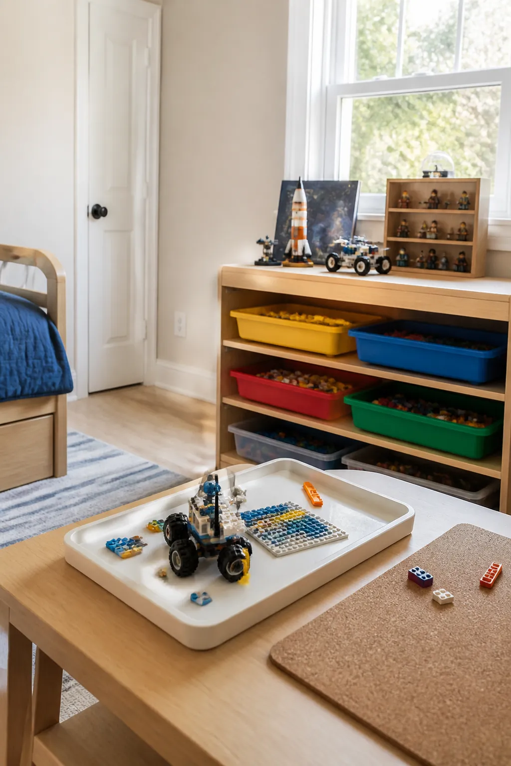 Organized building brick station with trays and display shelf
