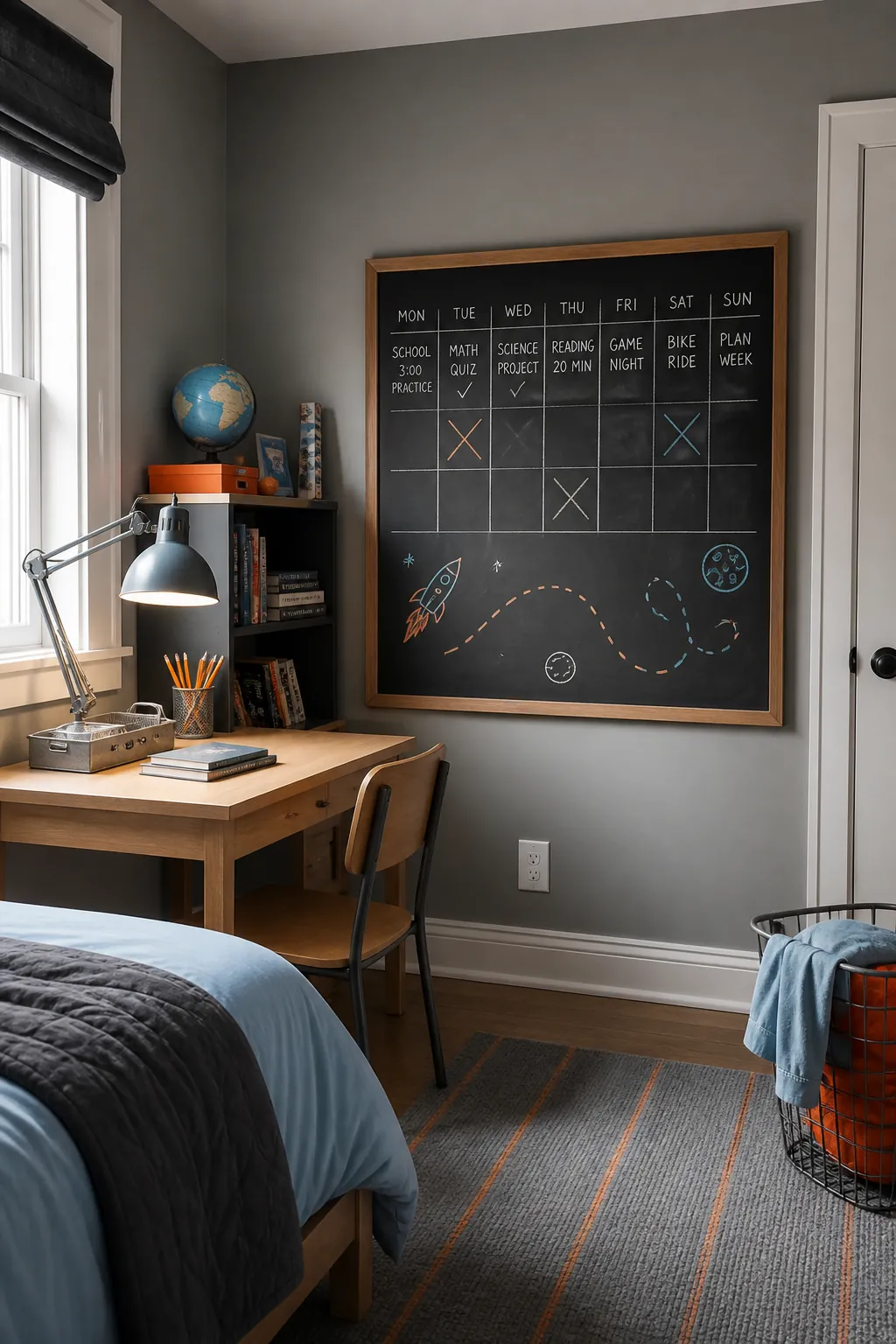 Framed chalkboard planning panel beside a boys study desk