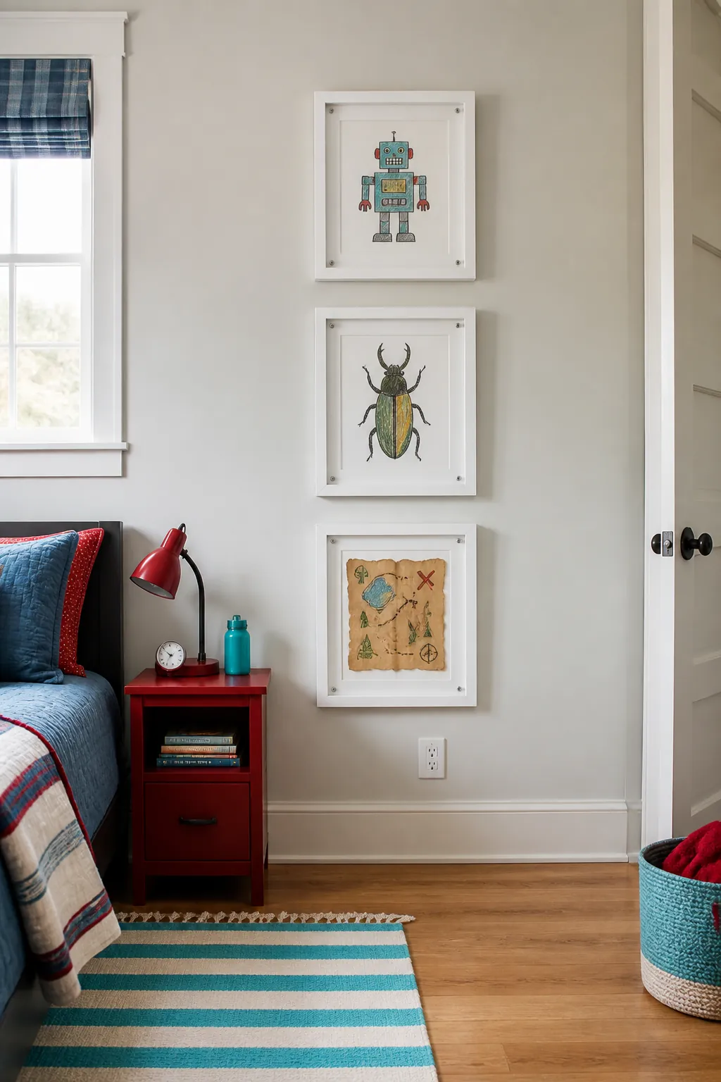 Front opening frames displaying childrens artwork in a boys room