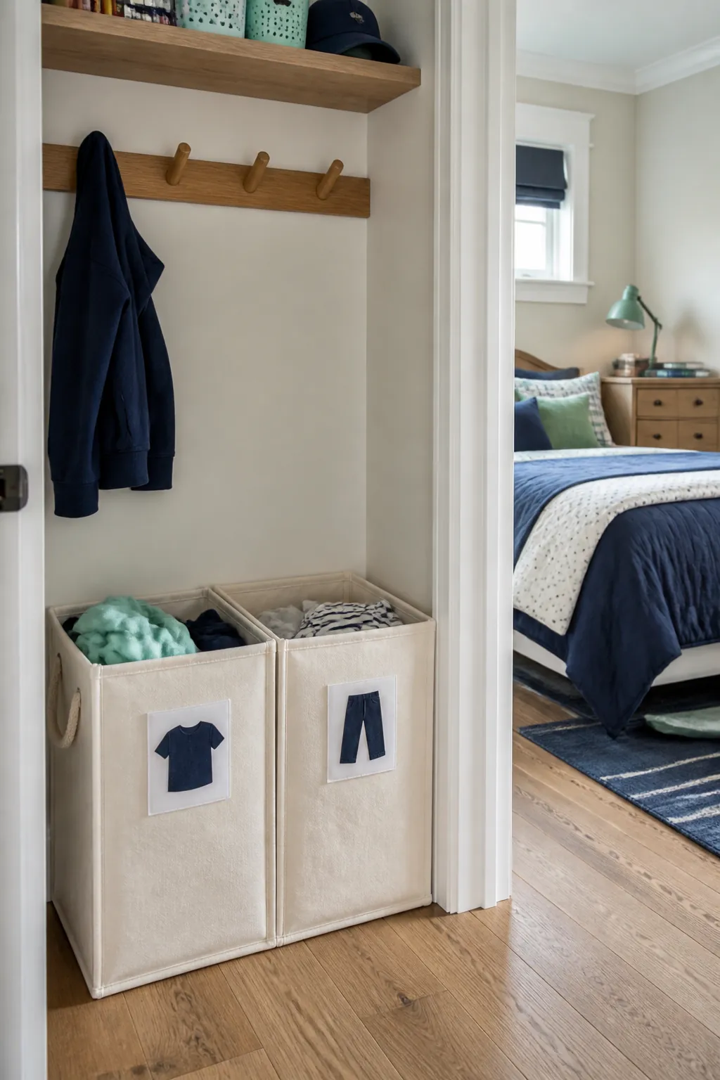 Simple divided laundry hamper in an organized boys bedroom