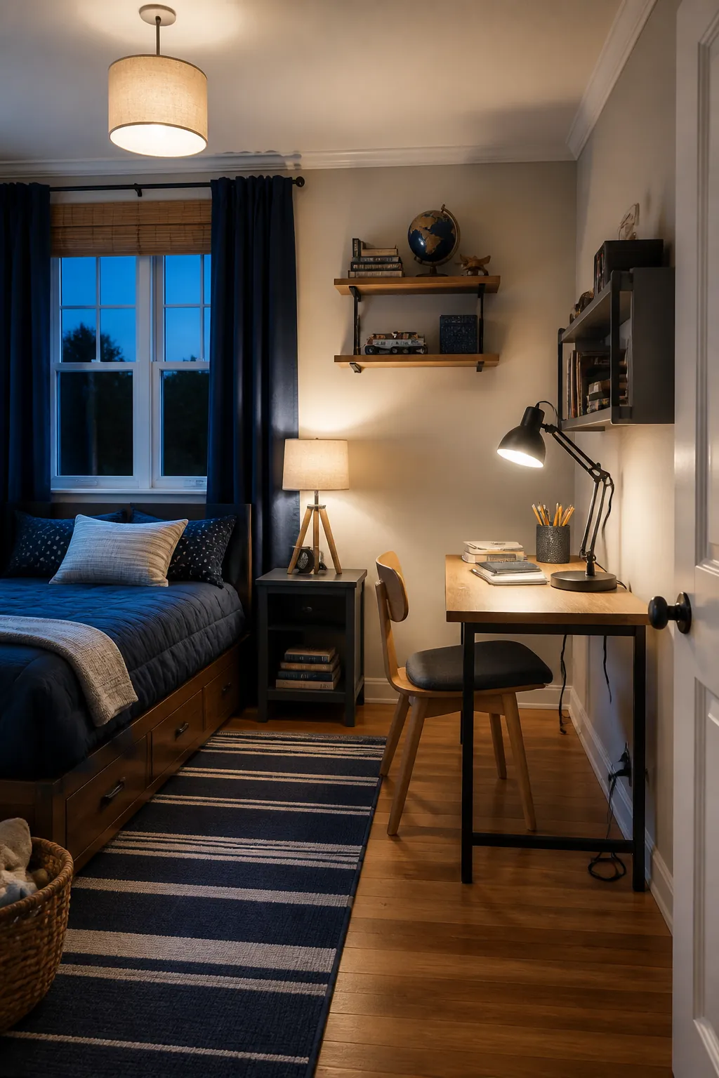 Layered task reading and general lighting in a boys room