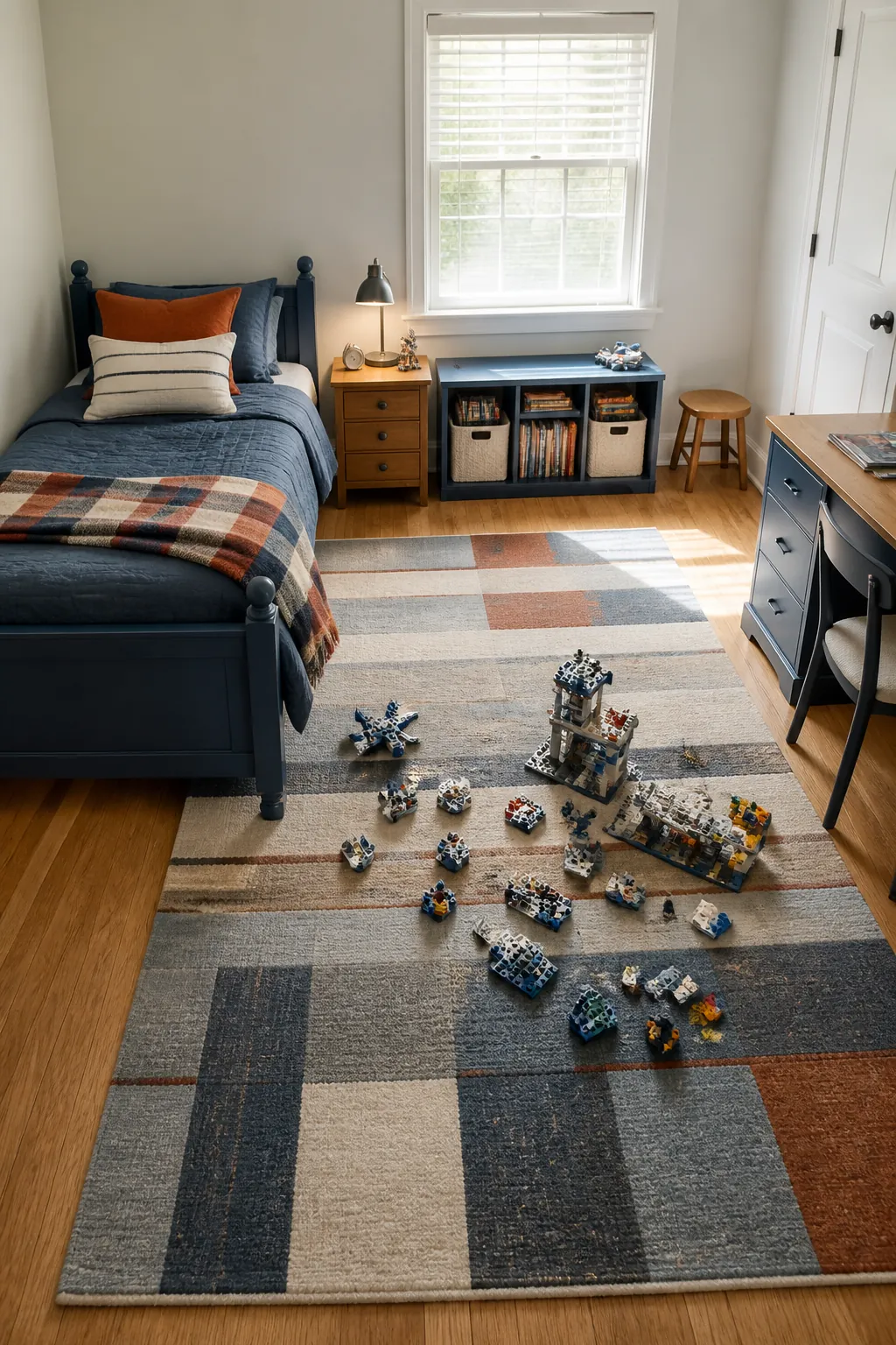 Low pile play rug with clear space in a boys bedroom