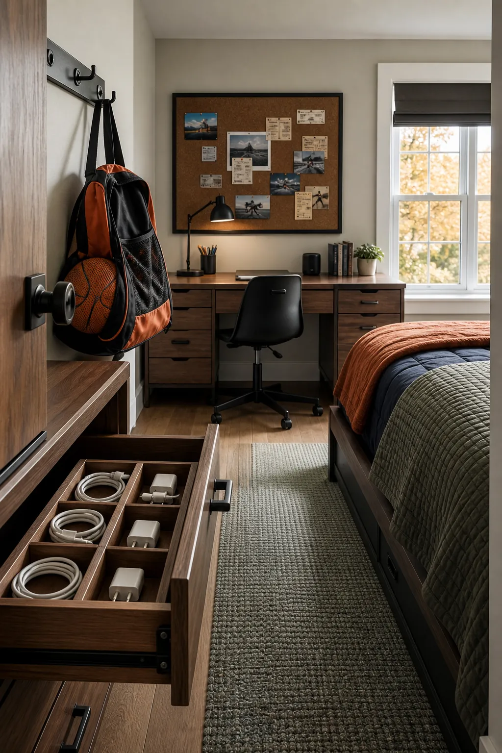 Calm preteen boys room with desk collections and textured bedding