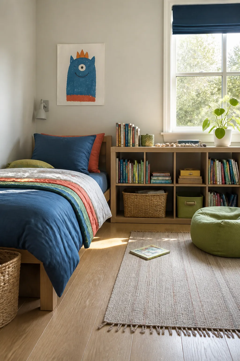 Child curated boys room with personal art books and colorful bedding