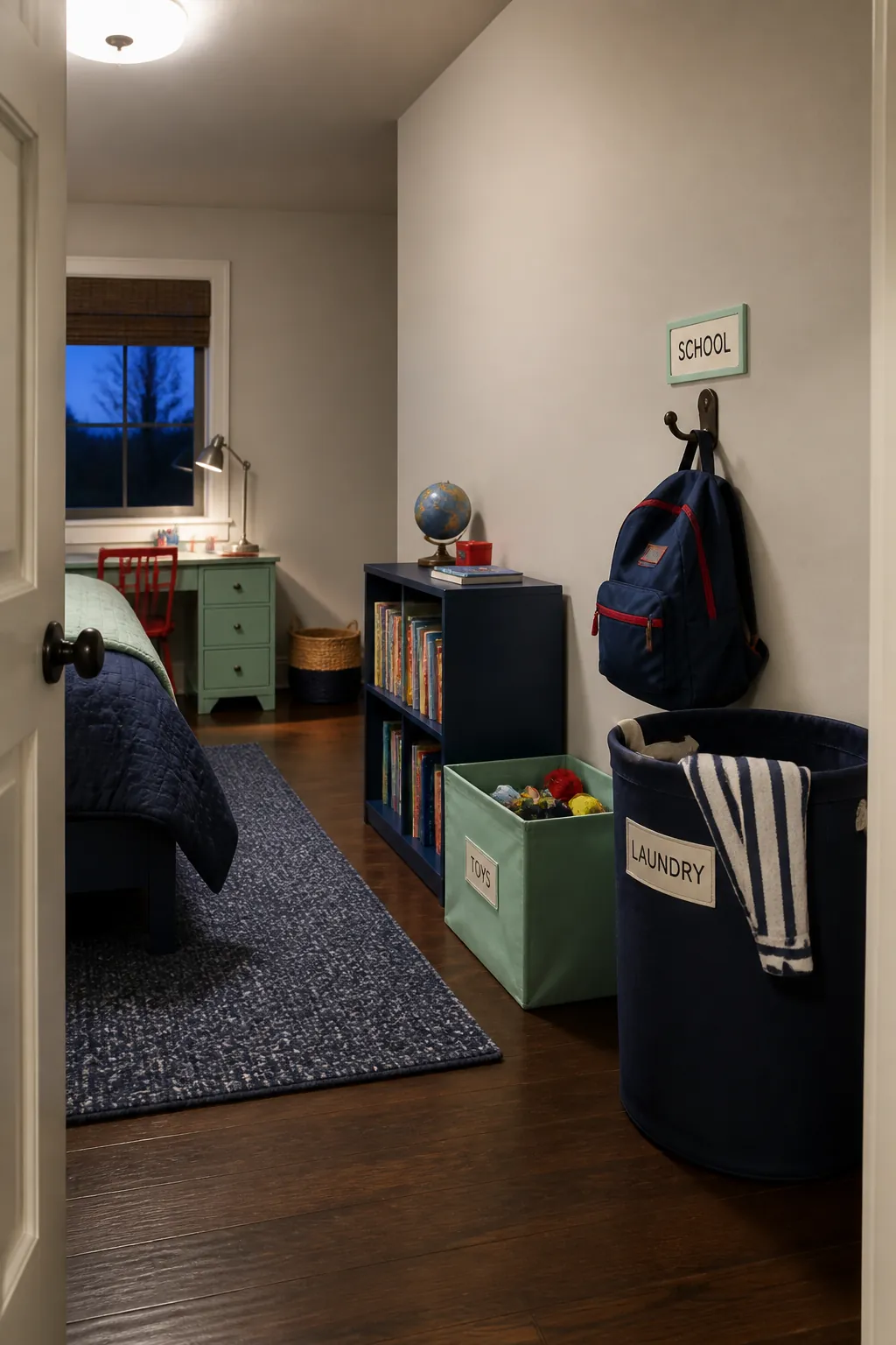 Clear cleanup route with labeled storage in a boys bedroom