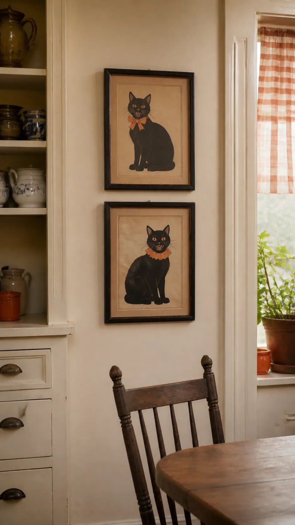 Vintage style black cat die cuts in a Halloween kitchen