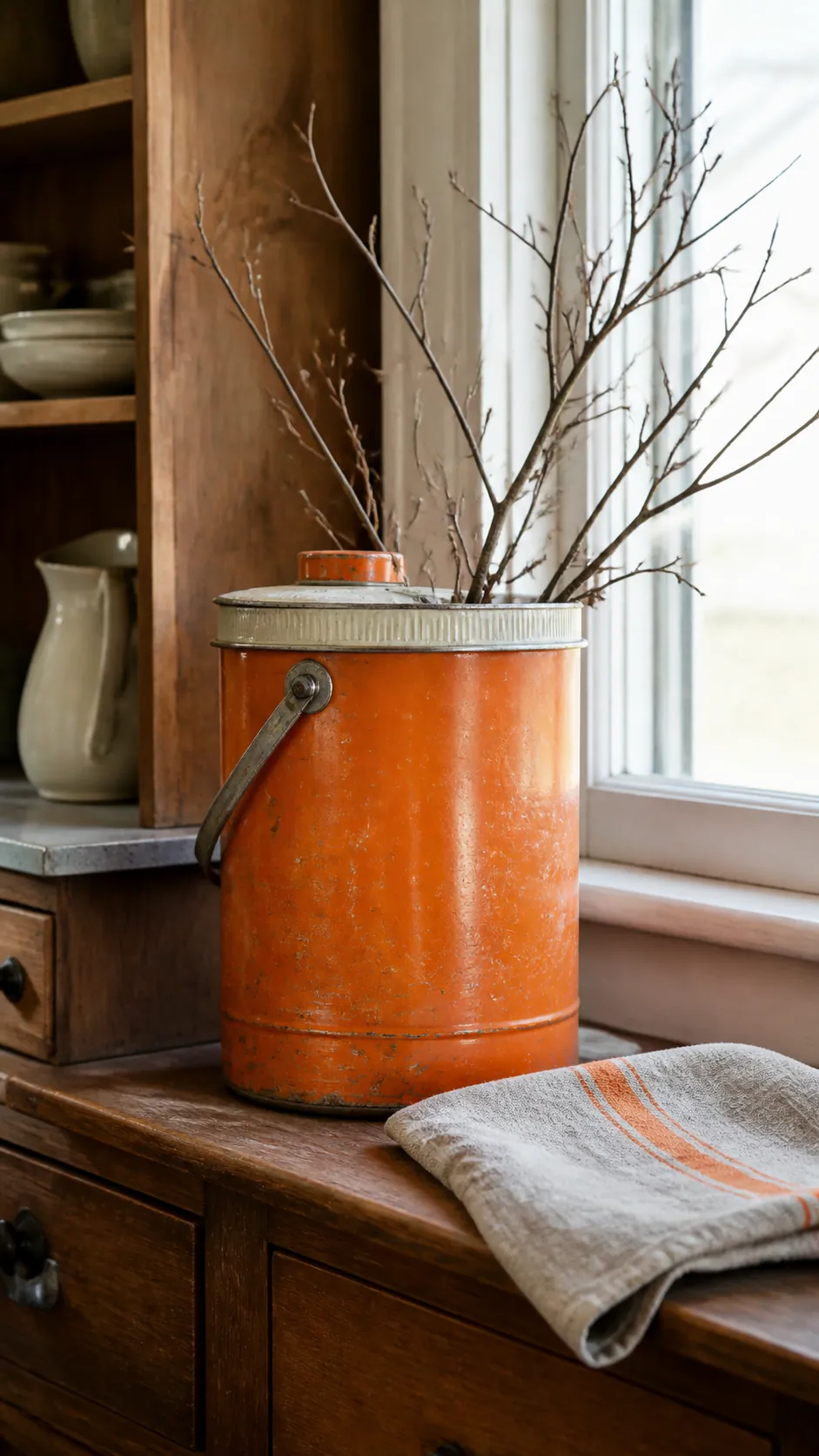 Orange vintage picnic jug used in Halloween kitchen decor