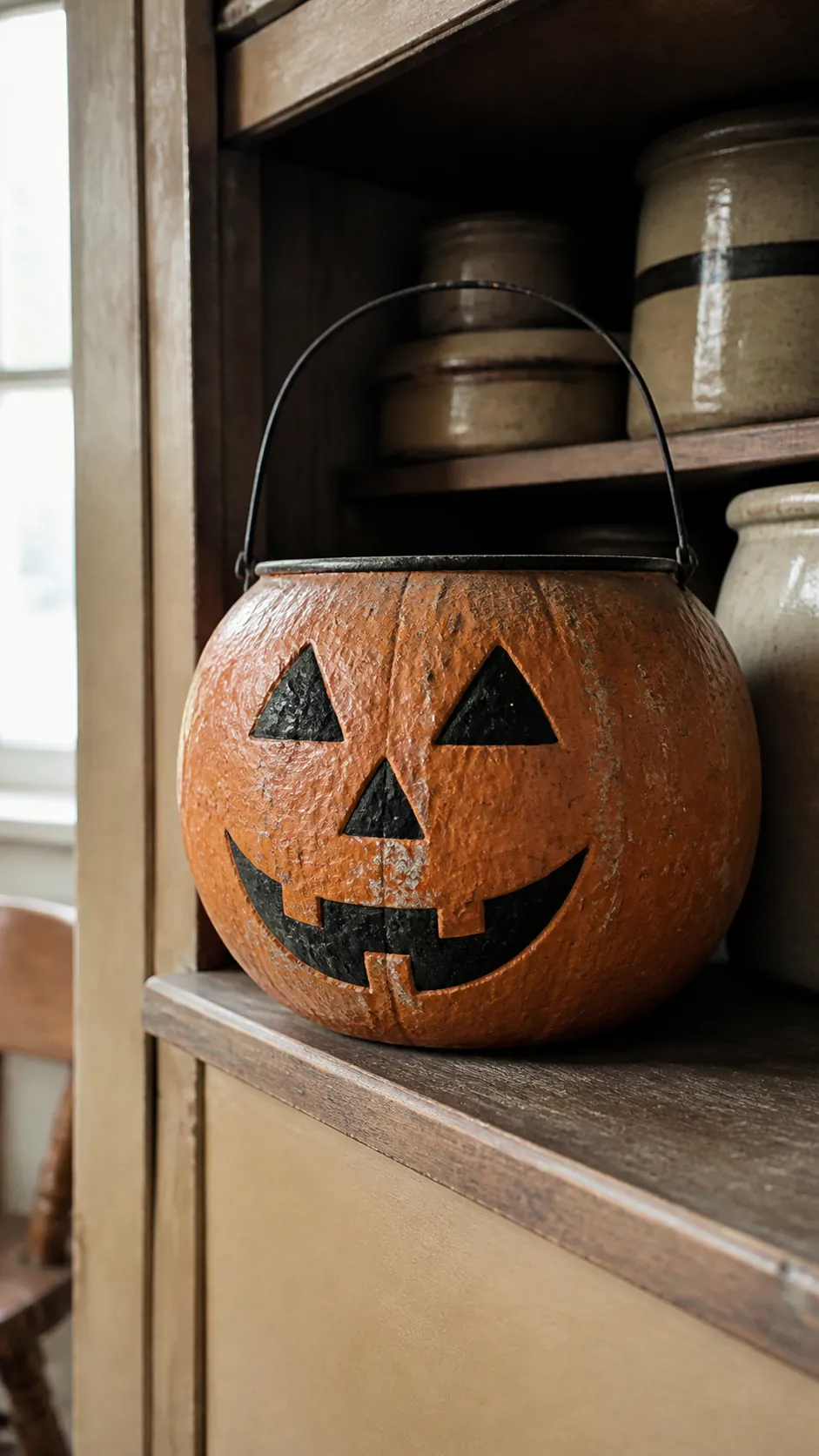 Papier mache pumpkin pail displayed in a vintage Halloween kitchen