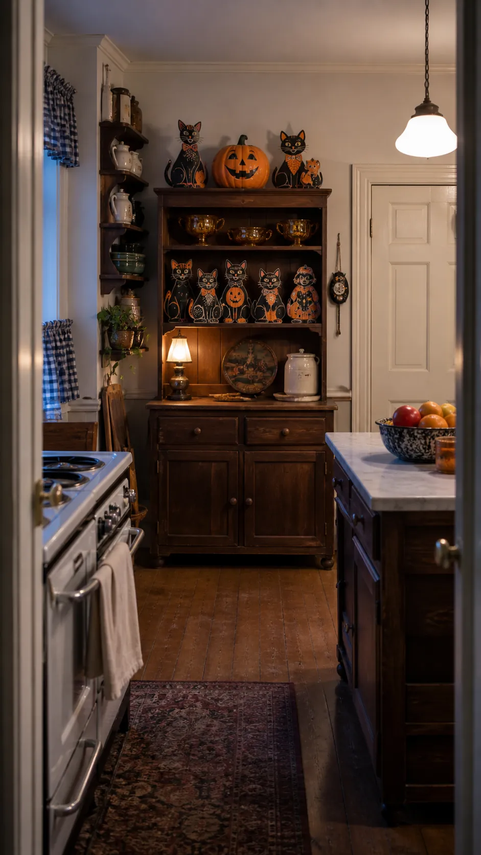 Collected vintage Halloween kitchen decor with practical clear surfaces
