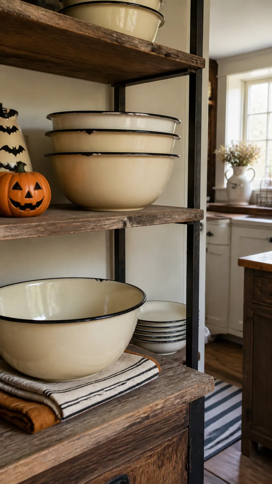 Black rim enamelware styled for vintage Halloween kitchen decor