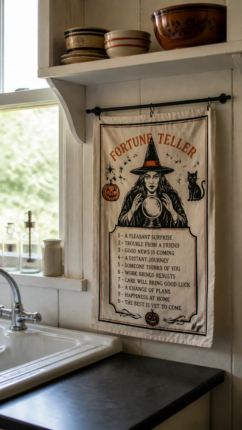 Vintage fortune teller tea towel in a Halloween kitchen