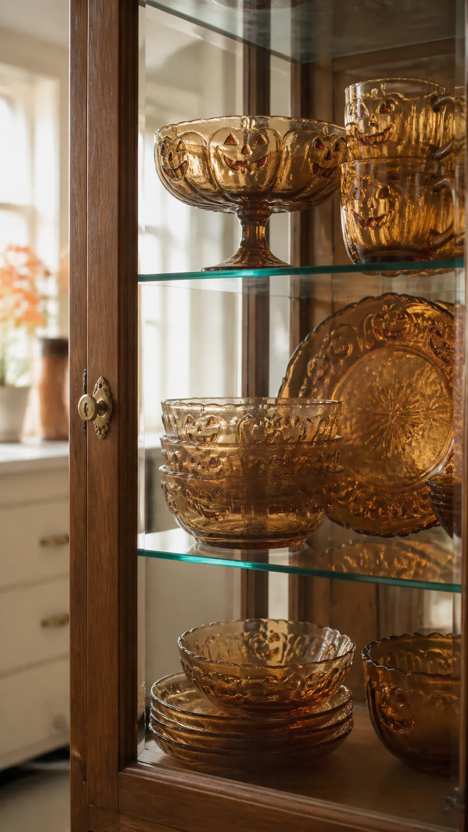 Smoky amber Depression glass in a vintage Halloween kitchen