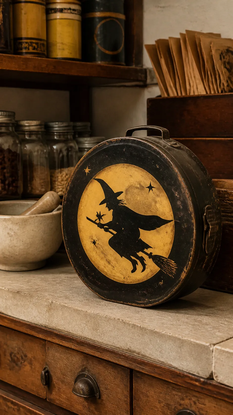 Witch silhouette cookie tin in vintage Halloween kitchen decor