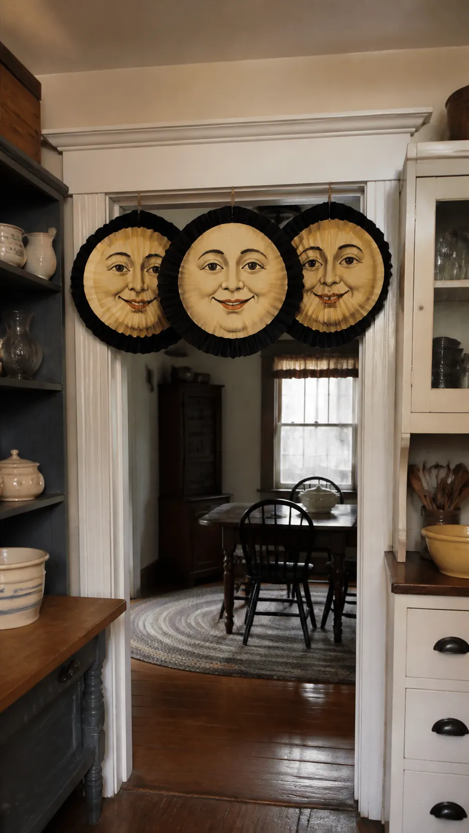 Vintage moon face paper rosettes above a kitchen doorway
