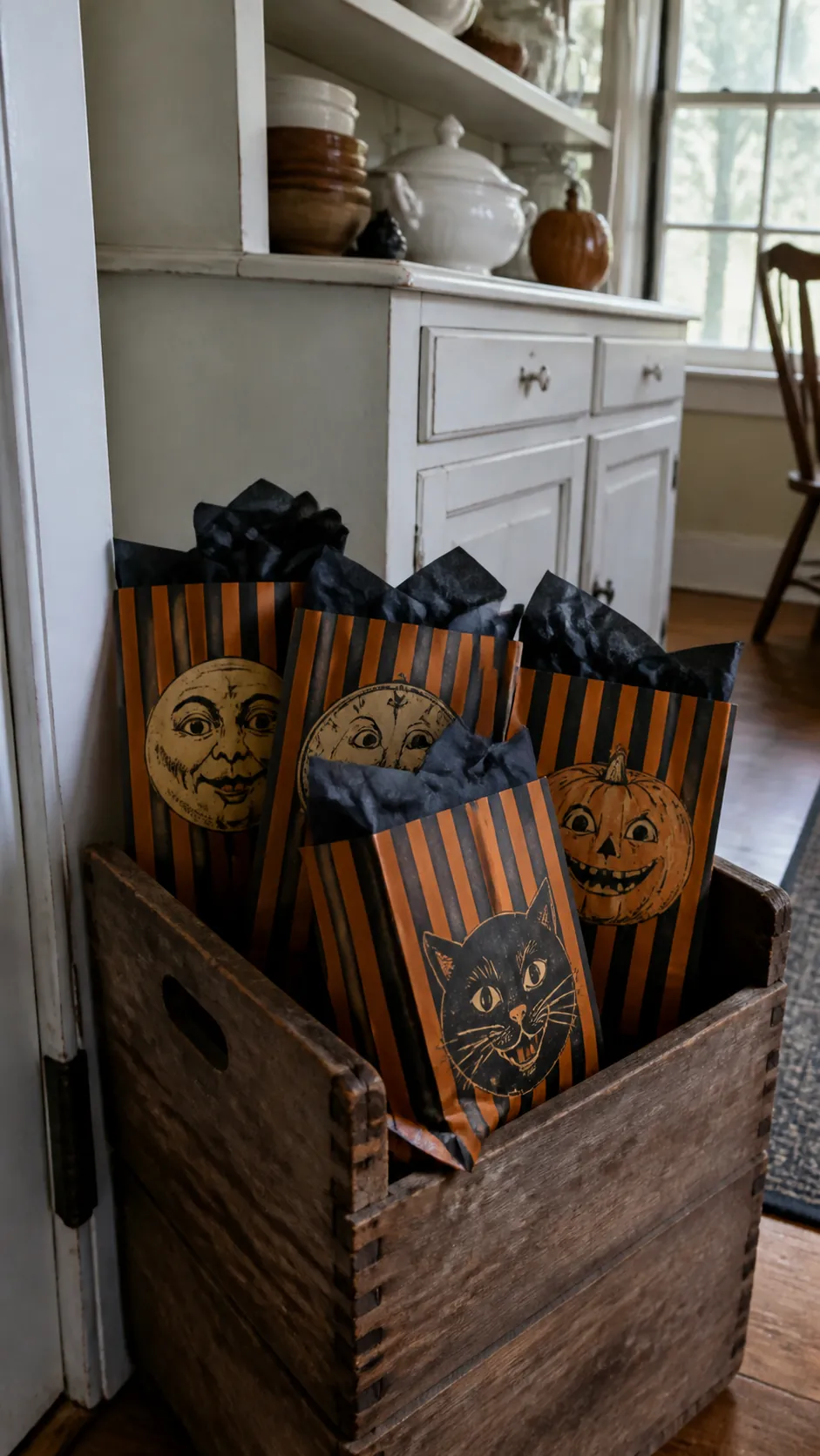 Striped vintage Halloween treat bags in a kitchen crate