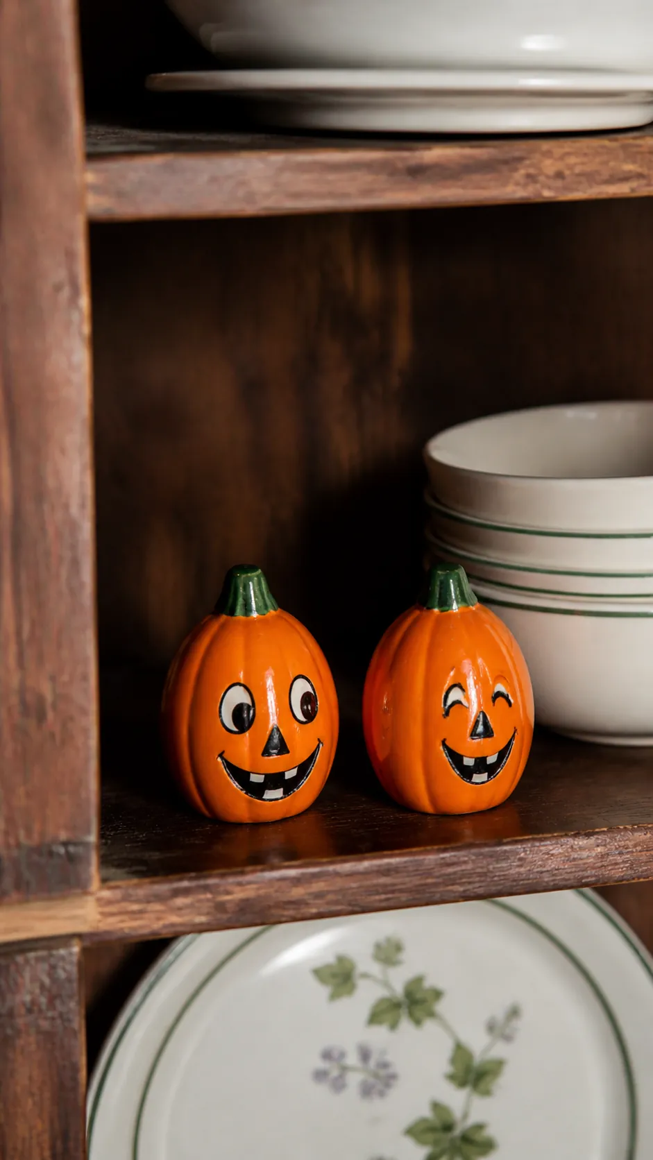 Vintage style pumpkin salt and pepper set in a kitchen
