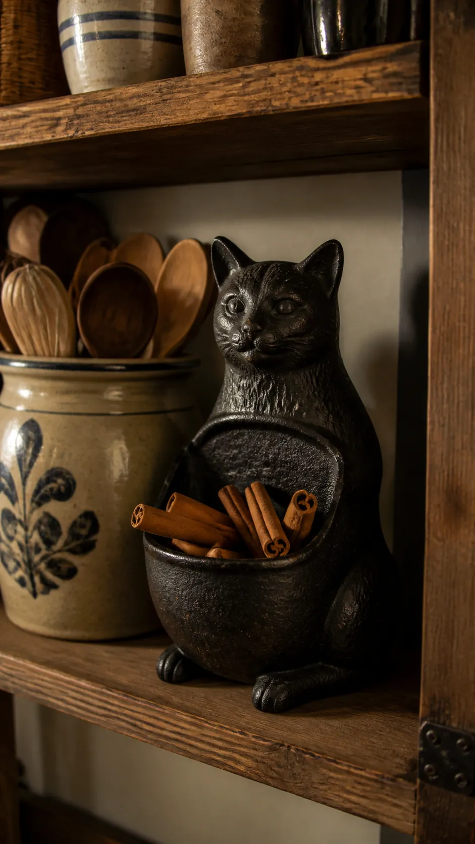 Cast iron black cat match holder on a Halloween kitchen shelf