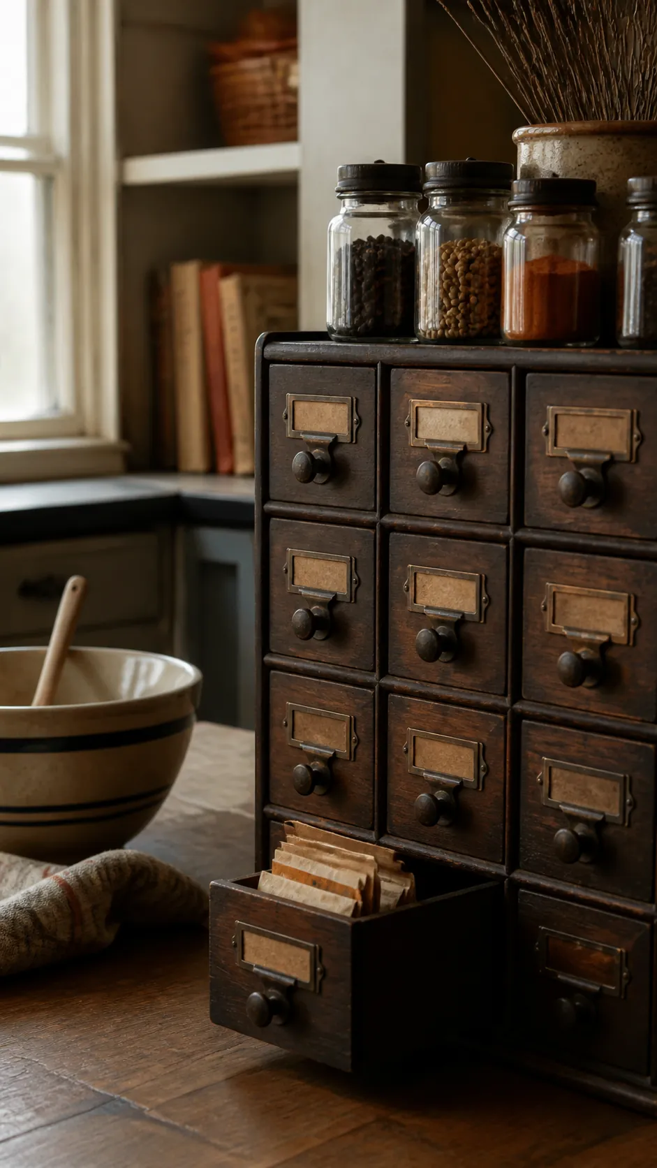 Apothecary drawer spice station for vintage Halloween kitchen decor