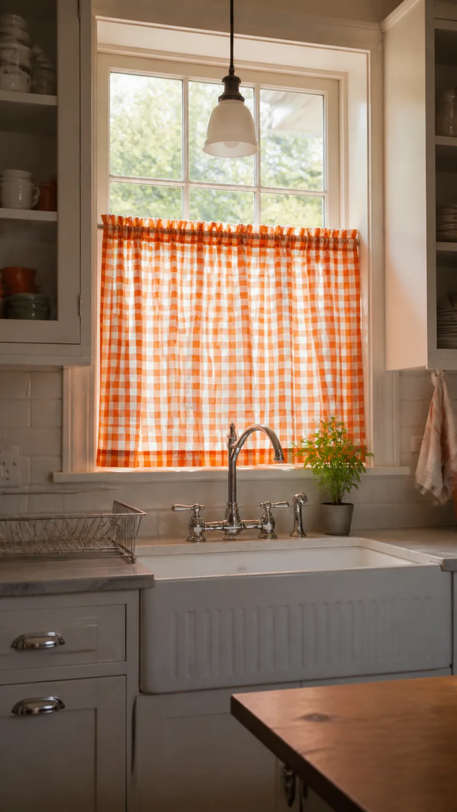 Faded orange gingham curtain in a vintage Halloween kitchen