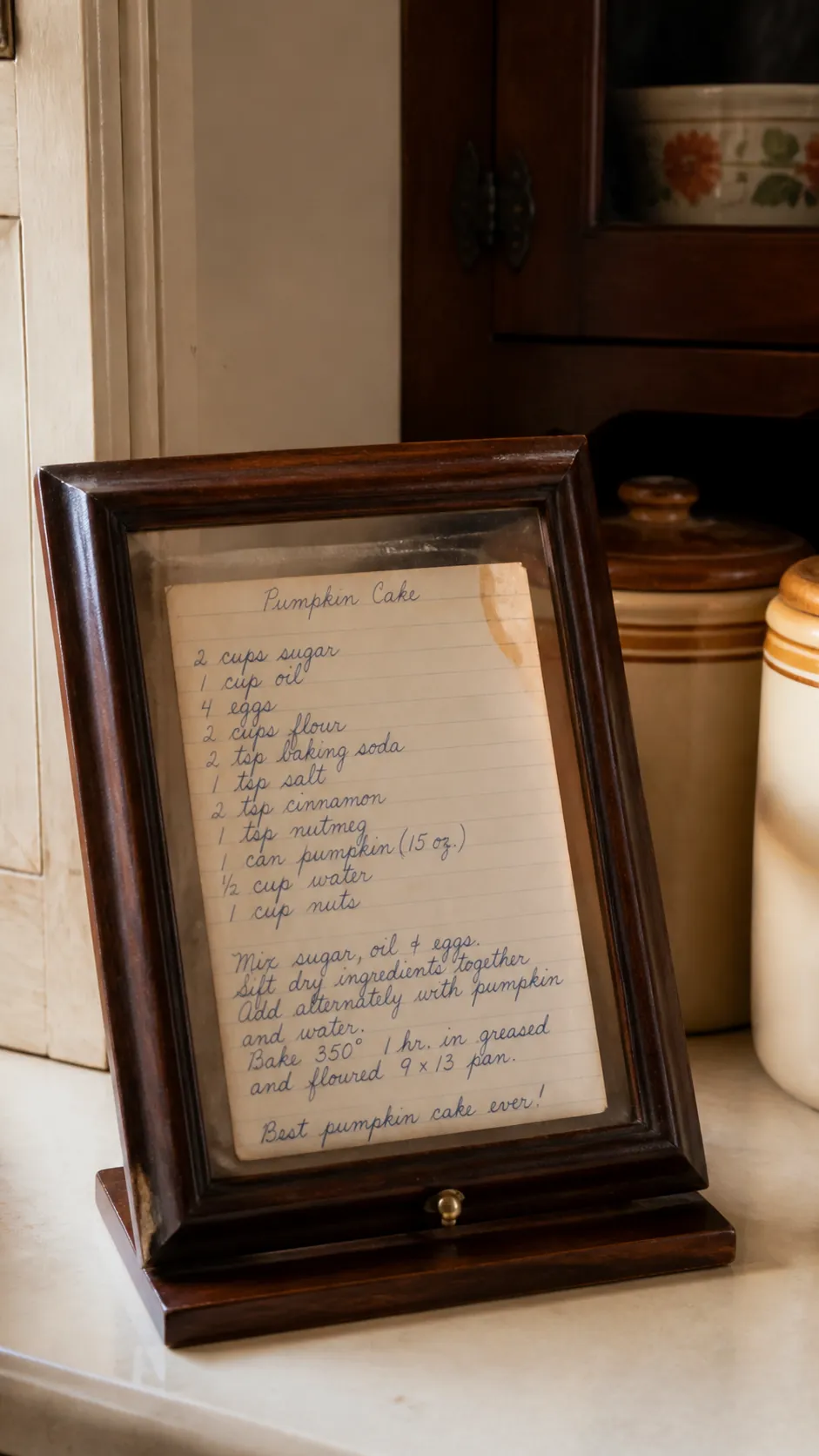 Vintage pumpkin cake recipe cards displayed in a kitchen