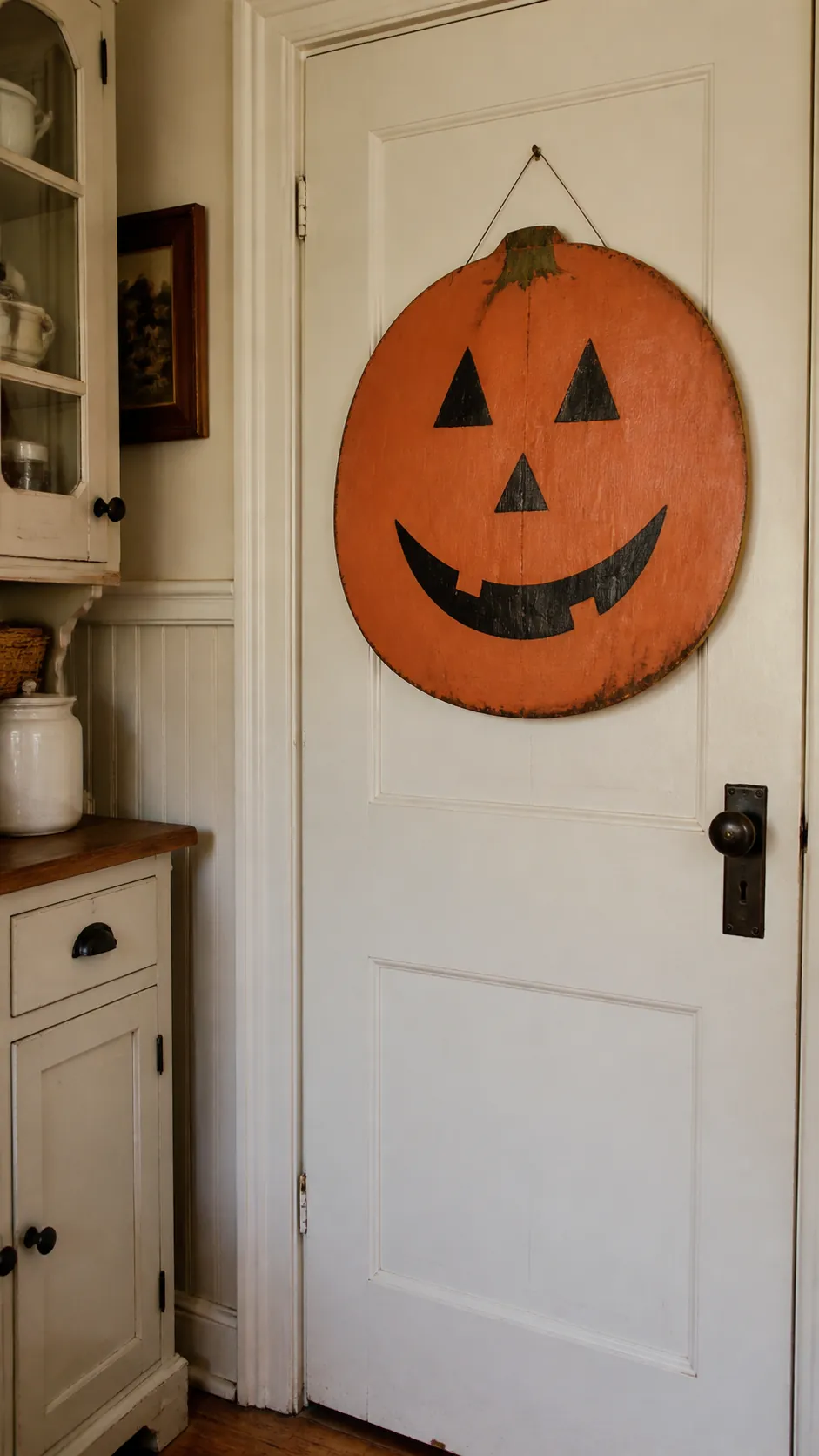 Wooden jack o lantern plaque on a vintage Halloween pantry door