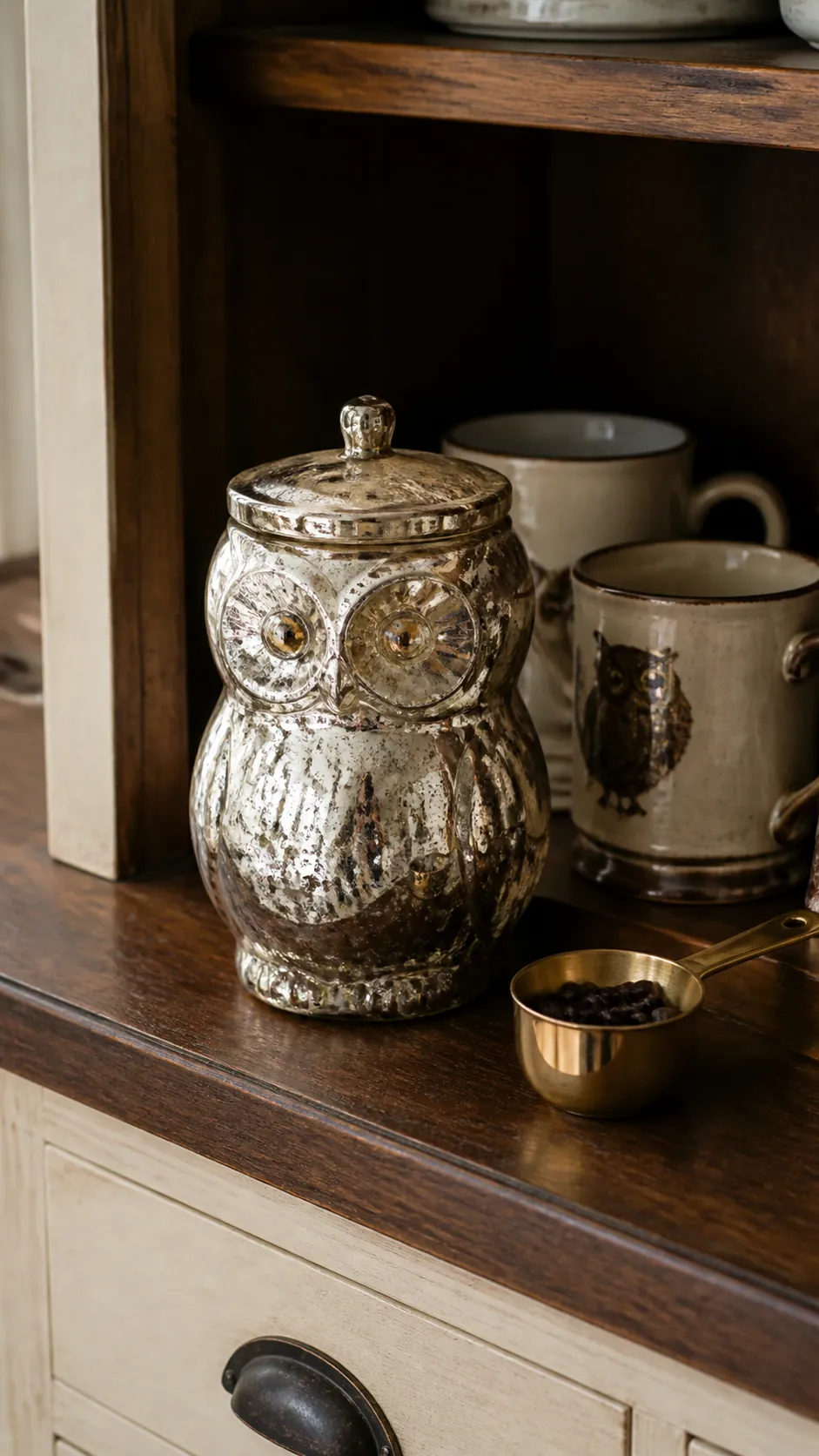 Mercury glass owl jar on a vintage Halloween coffee shelf