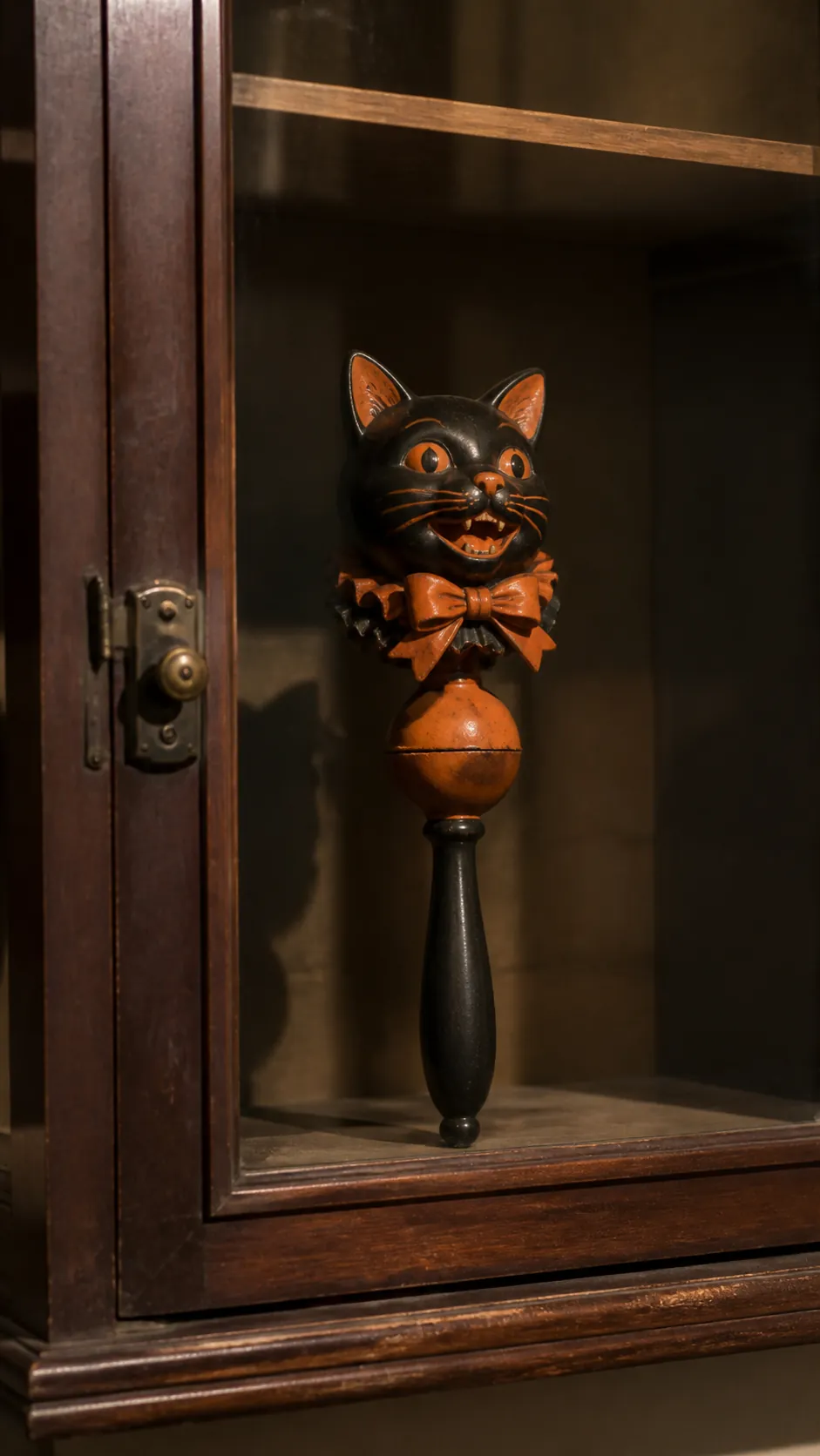 Vintage style witch rattle protected in a kitchen cabinet