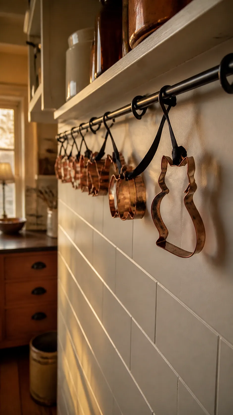 Copper Halloween cookie cutters hanging on black ribbon