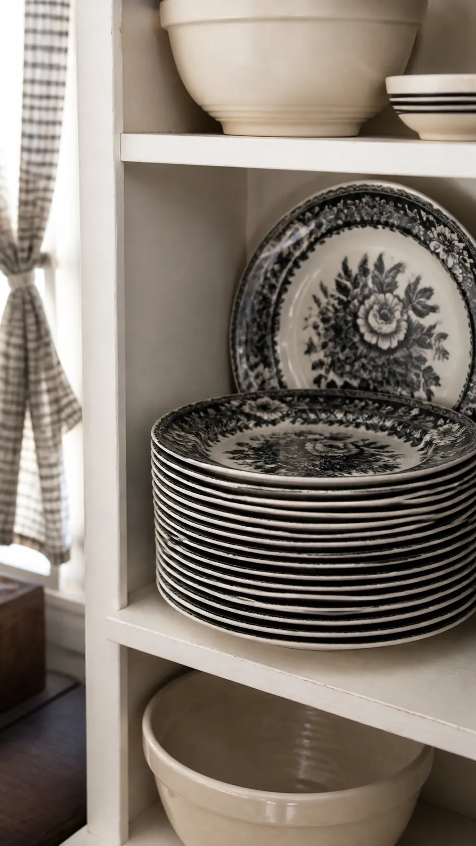 Black transferware plates styled for vintage Halloween kitchen decor